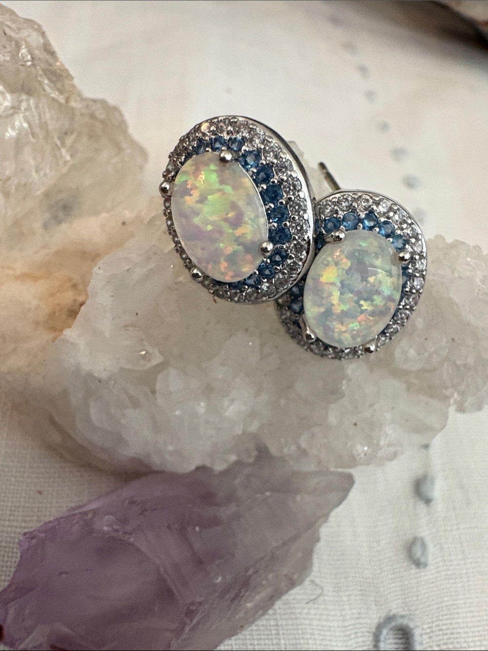 Sterling Silver Opalescent Halo Stud Earrings - White Opalesceny stone